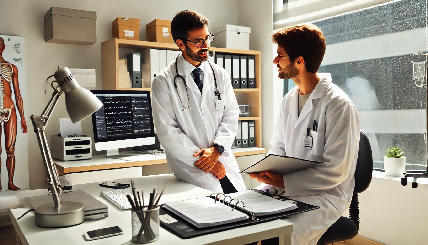 Médico do trabalho em uma clínica moderna explicando exames laborais para um trabalhador.