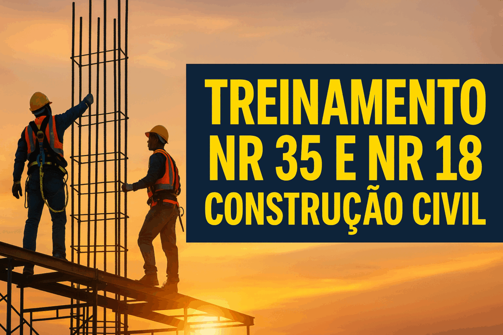 Trabalhadores da construção civil com EPI realizando treinamento NR 35 em altura e NR 18 em canteiro de obras ao pôr do sol.